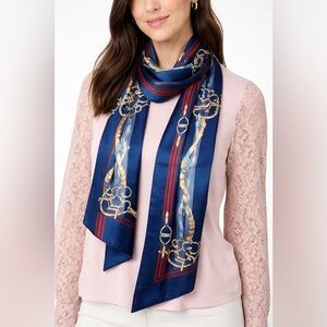 Long Scarf rectangle shape 100% Silk Navy blue with red and green stripes NWOT